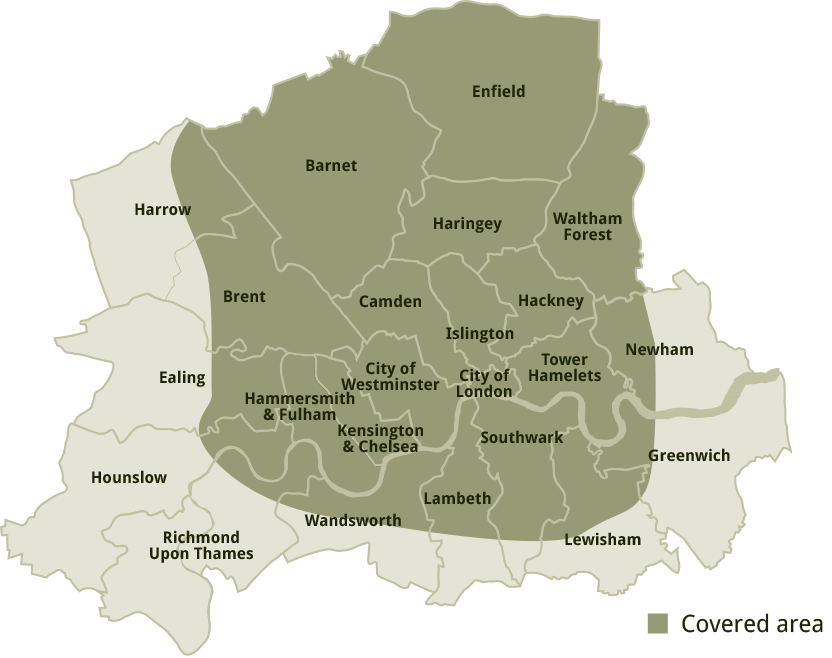 Map showing boroughs covered by M. Parkin Tree Specilists Services